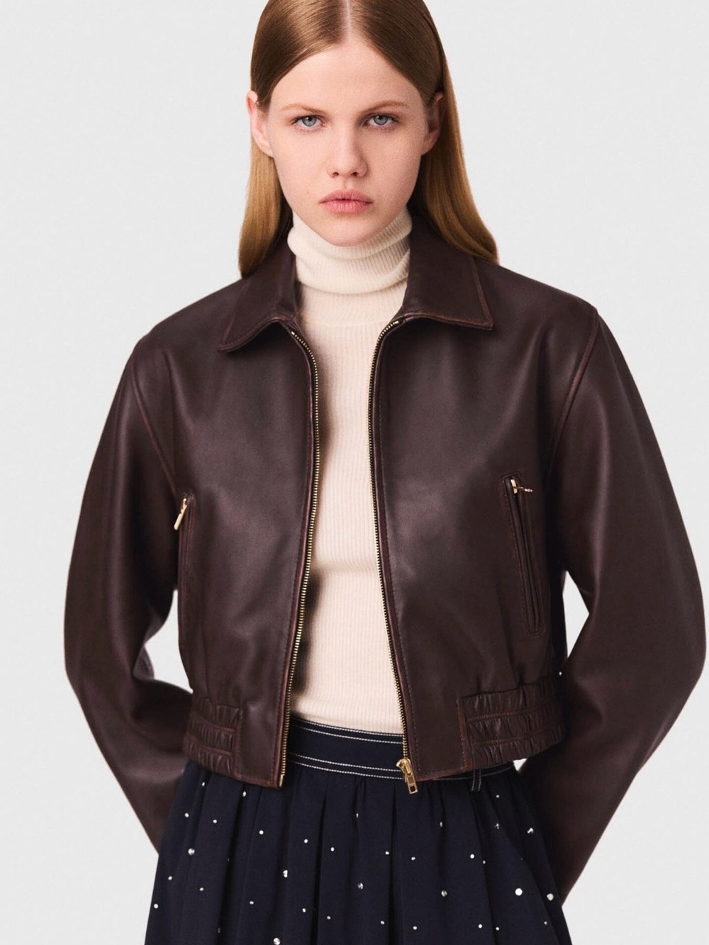 Maje Women’s Brown Leather Zip-Front Jacket